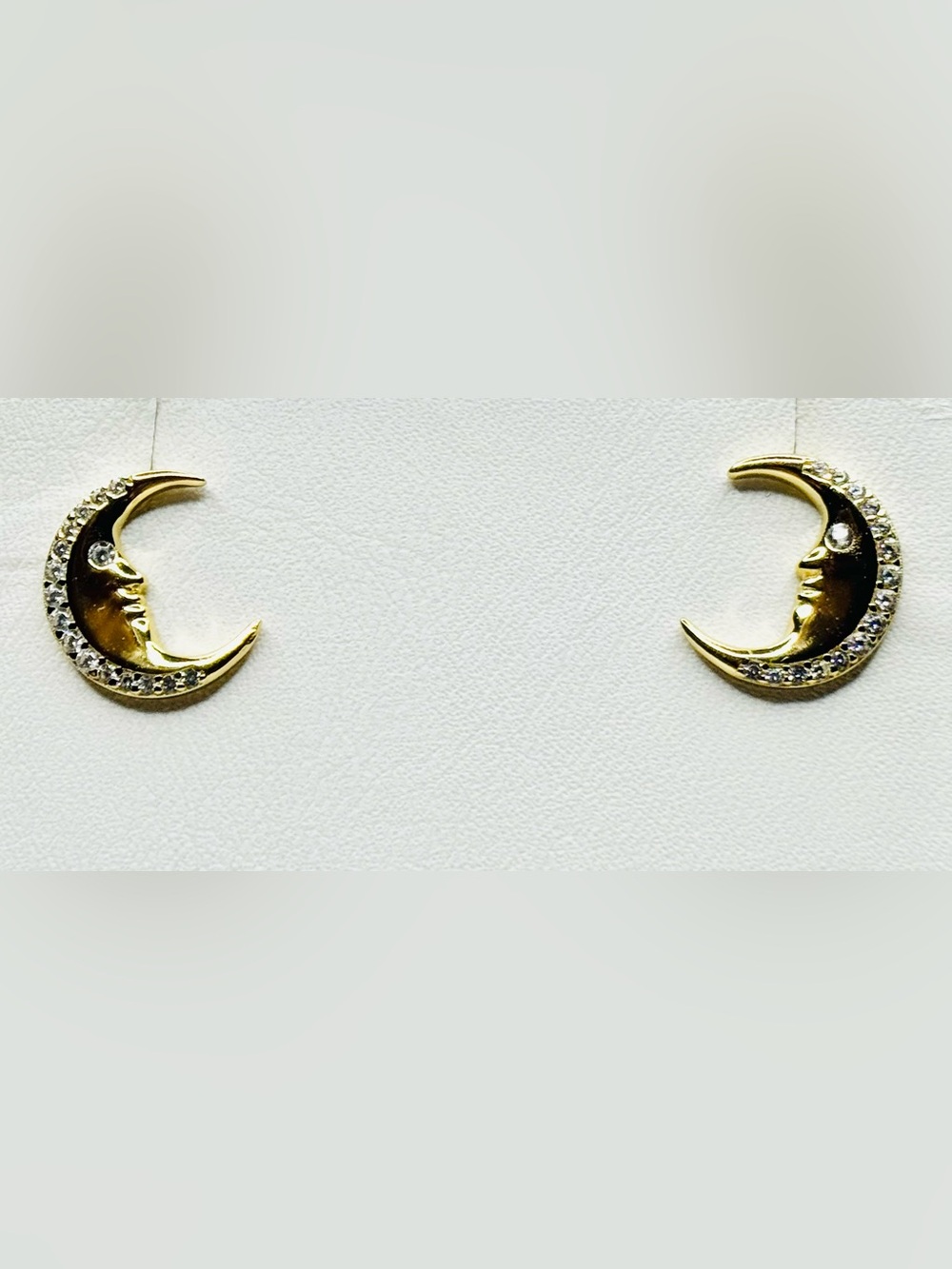 Crescent Moon Face Stud Earrings -18K Gold with Clear Stones